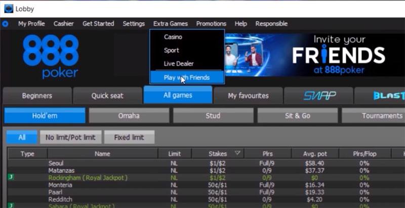 Screenshots of setting up a virtual poker game on 888poker.