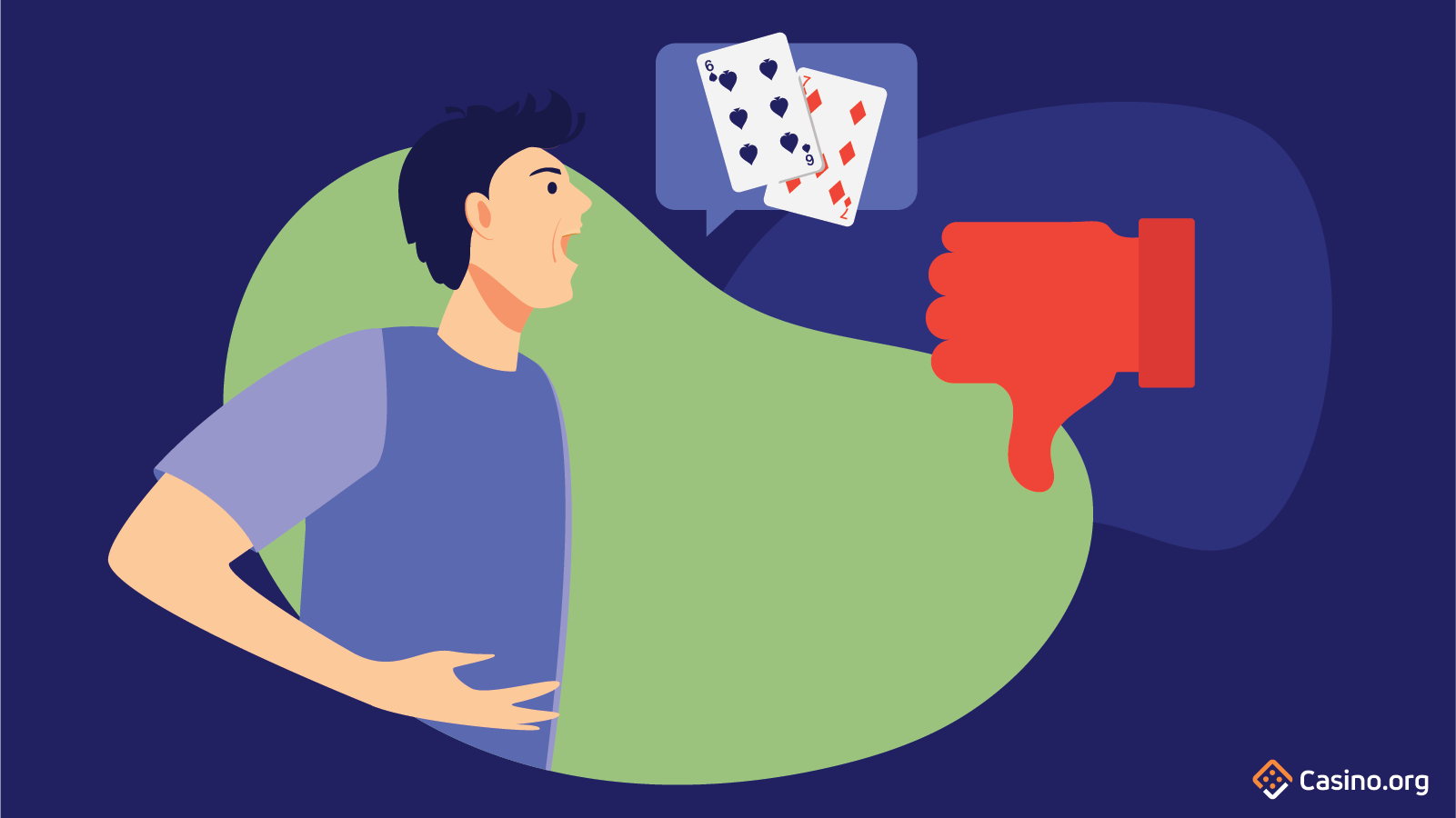 Someone declaring their poker hand, with a red thumb pointing down.